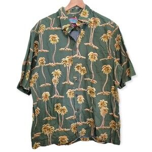 Joe Kealoha by Reyn Spooner Green Palm Tree Tropical Hawaiian Shirt Size Large